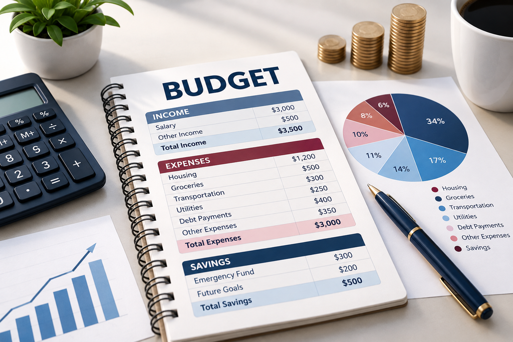 What is budgeting: a monthly budget showing income, expenses, and savings